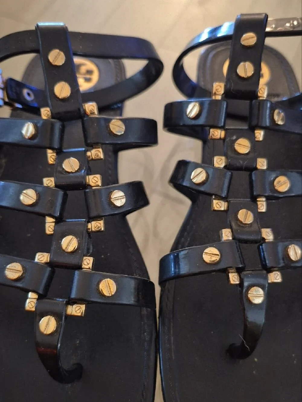 Tory Burch Black Gladiator Sandal with Gold Stud Accents